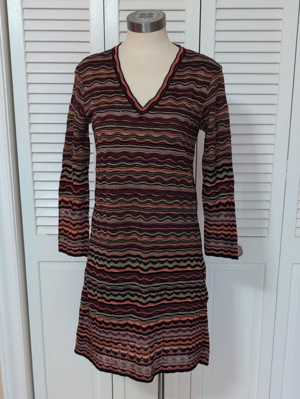 Missoni, Italy, V-Neck Knit Dress, Black, Orange, Green, Purple, Size 6